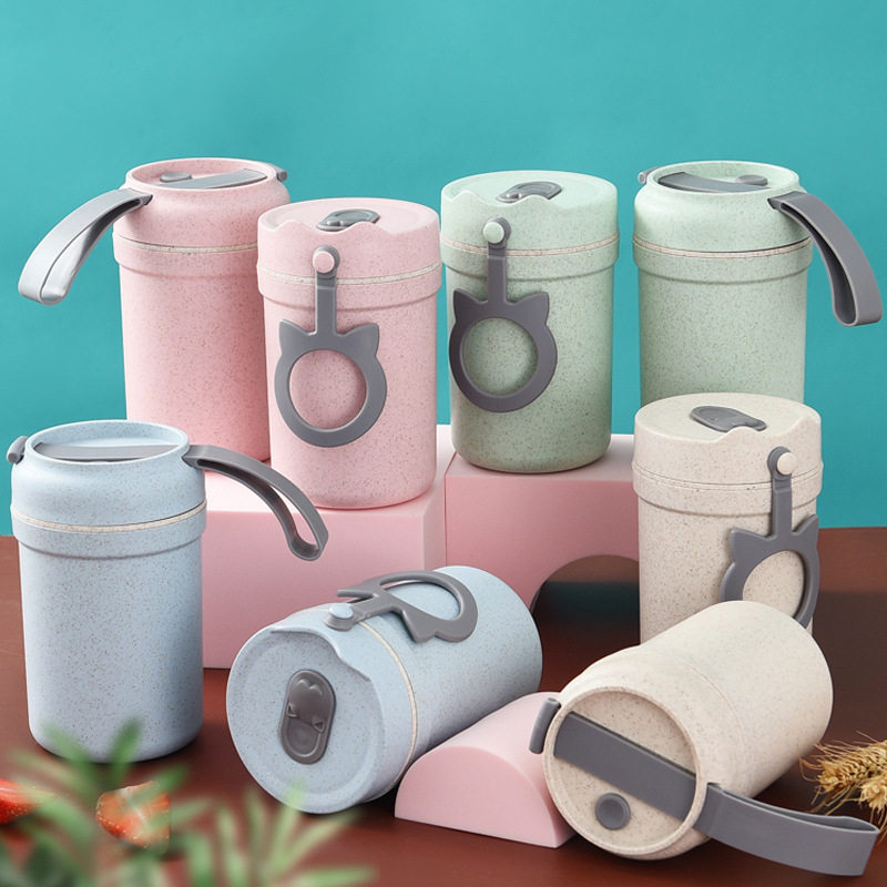 小麦秸秆早餐杯双层密封隔热麦片牛奶杯学生便携杯促销礼品印logo