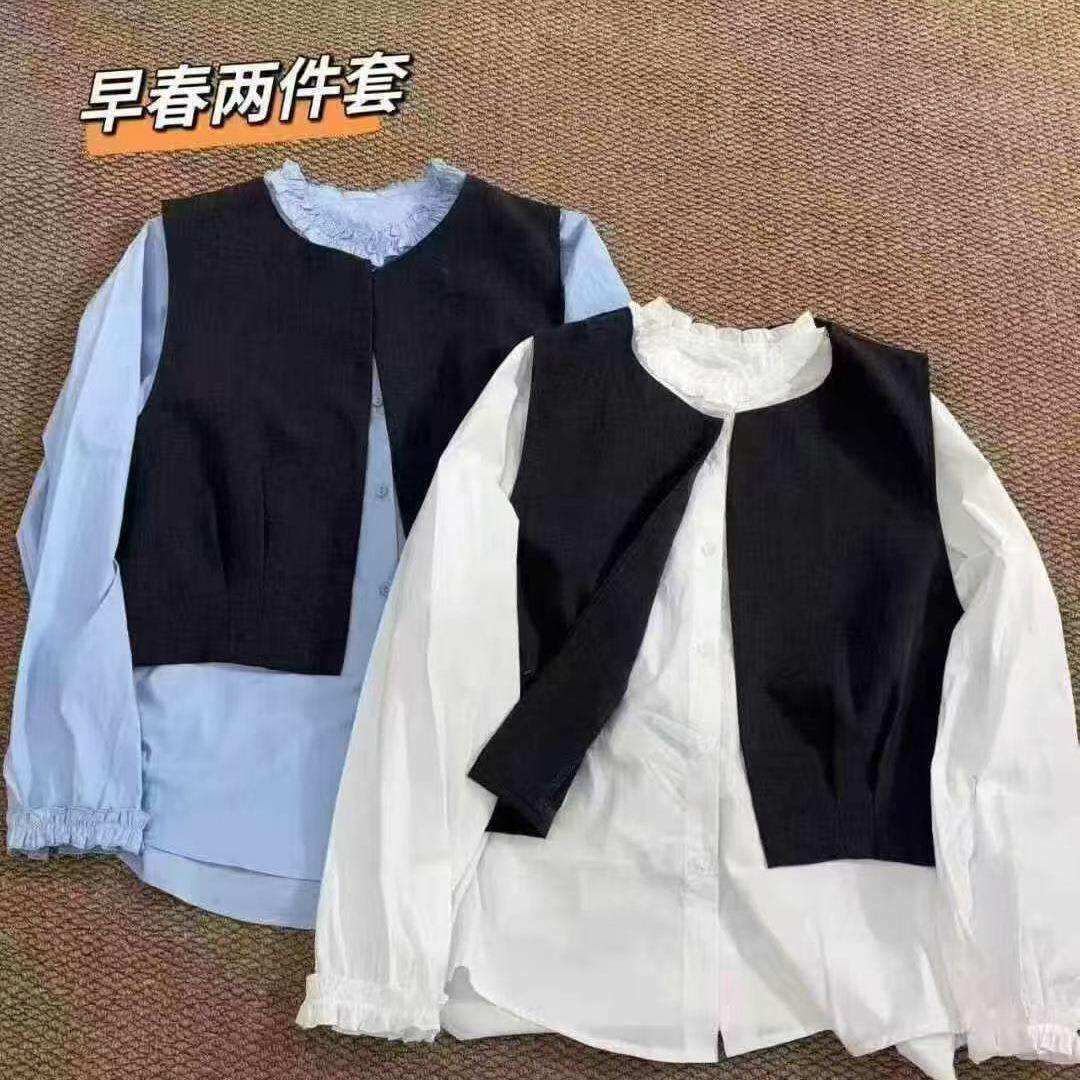 26年春款两件套长袖衬衣马甲木耳领花边袖衬衫新款宽松休闲学院风
