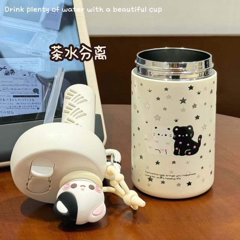 黑白猫咪不锈钢保温杯双饮茶隔 ins风高颜值学生便携防漏随身水杯