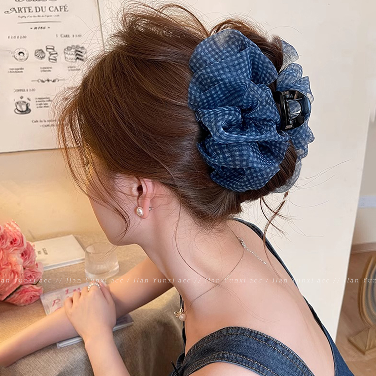 蓝格子泡泡网纱抓夹女高级感发夹