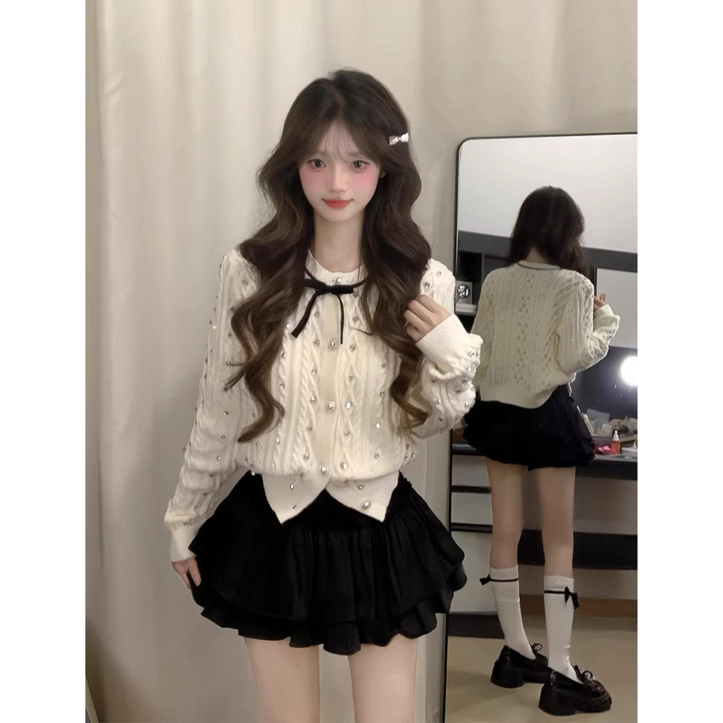 小香风蝴蝶结麻花针织开衫上衣女设计感白色甜美气质毛衣外套秋季