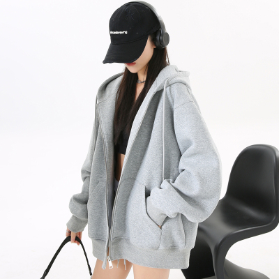 加绒卫衣女款慵懒风2025新款宽松外套灰色拉链开衫上衣秋冬季加厚