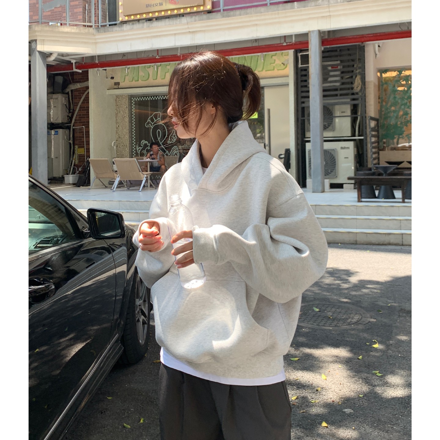 美式重磅套头连帽卫衣女2025秋oversize复古高街廓形短款纯色上衣