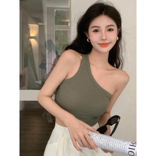 不規則帶胸墊斜肩吊帶背心女春夏外穿裹胸露臍單肩打底衫 上衣 短款