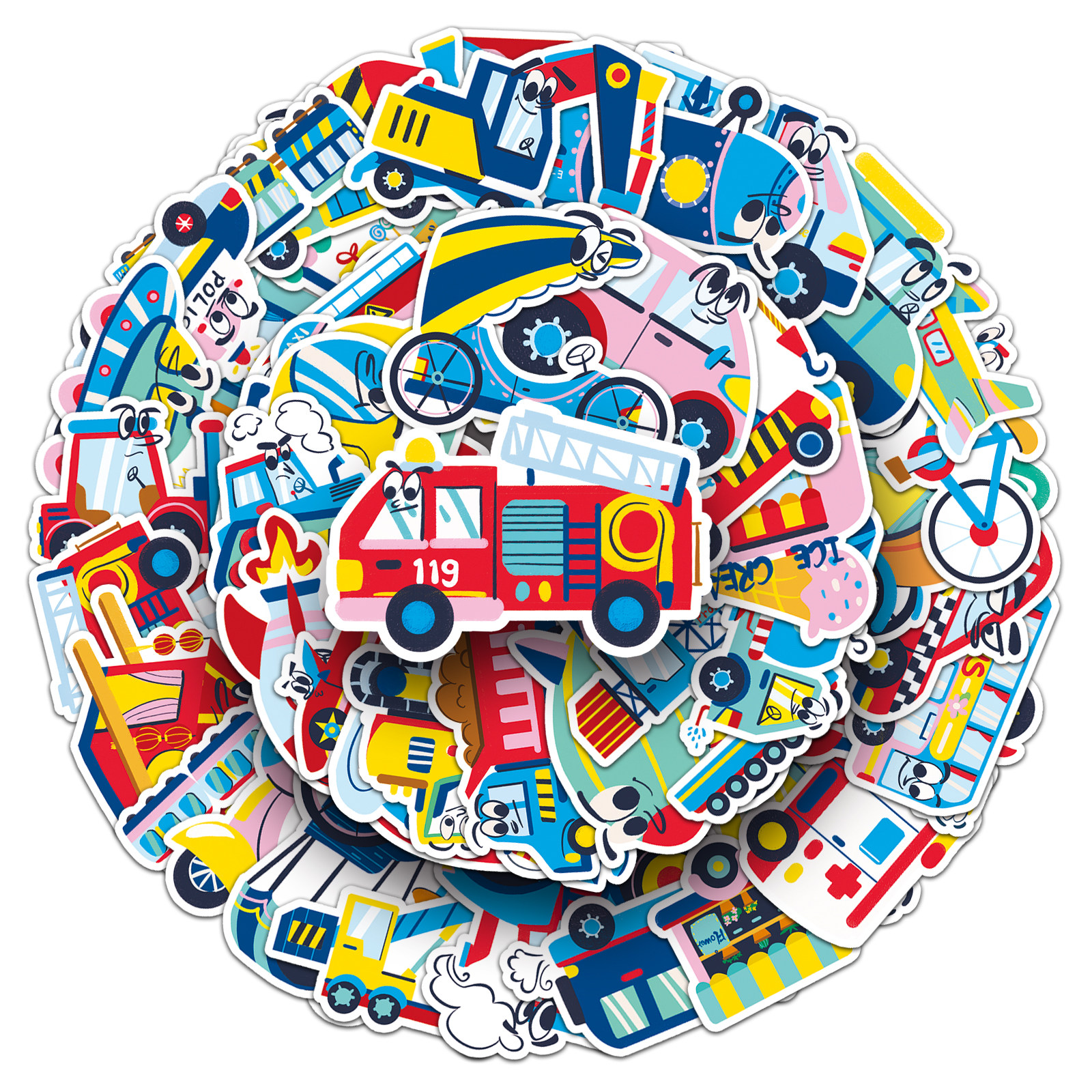 50张原创卡通交通工具贴纸创意彩绘不侵权手机笔记本滑板吉他贴纸