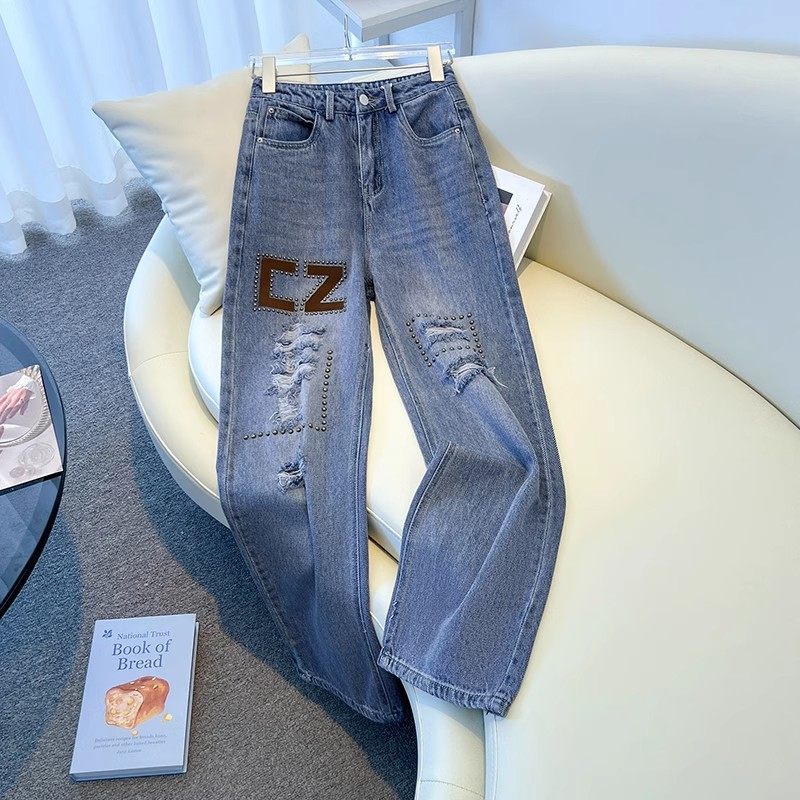 破洞刺绣阔腿牛仔裤女2025春秋新款宽松高腰钉珠设计感直筒拖地裤,女装/女士精品,牛仔裤,淘宝优惠券,粉丝福利购,淘宝优惠卷