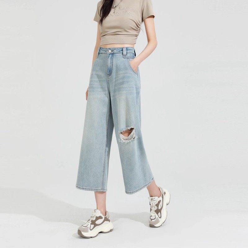 夏季薄款破洞直筒牛仔裤女大码胖mm梨形身材宽松显瘦阔腿九分裤子