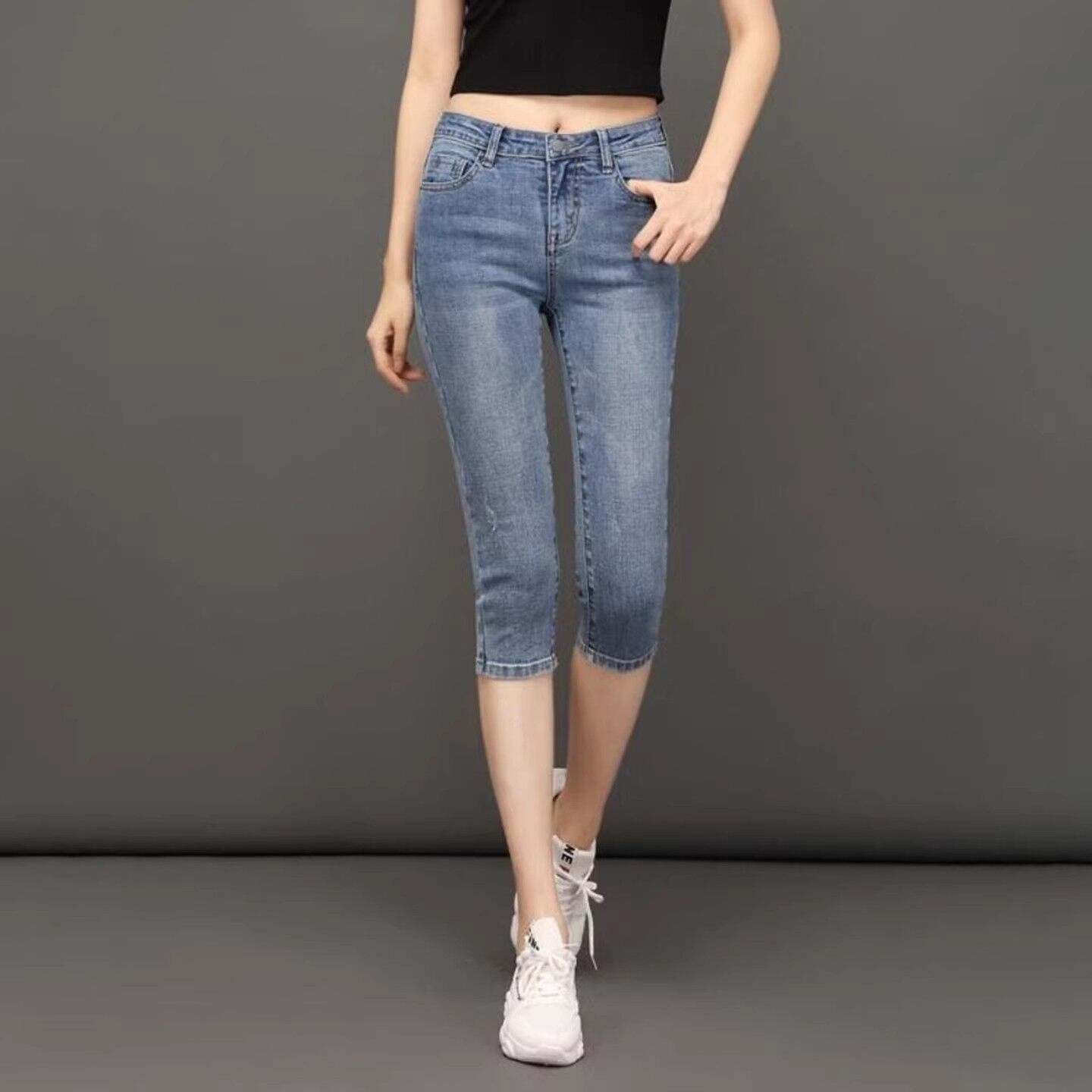 复古蓝七分牛仔裤女高腰弹力修身显瘦小脚裤直筒中裤马裤夏季薄款