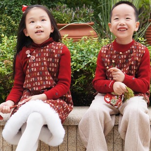 毛小姐女童秋冬夹棉马甲裙套装 福禄纹国风新中式丝绒拜年背心裙