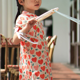 毛小姐 女童春秋旗袍唐装连衣裙 爱心印花 甜美可爱纯棉舒适透气