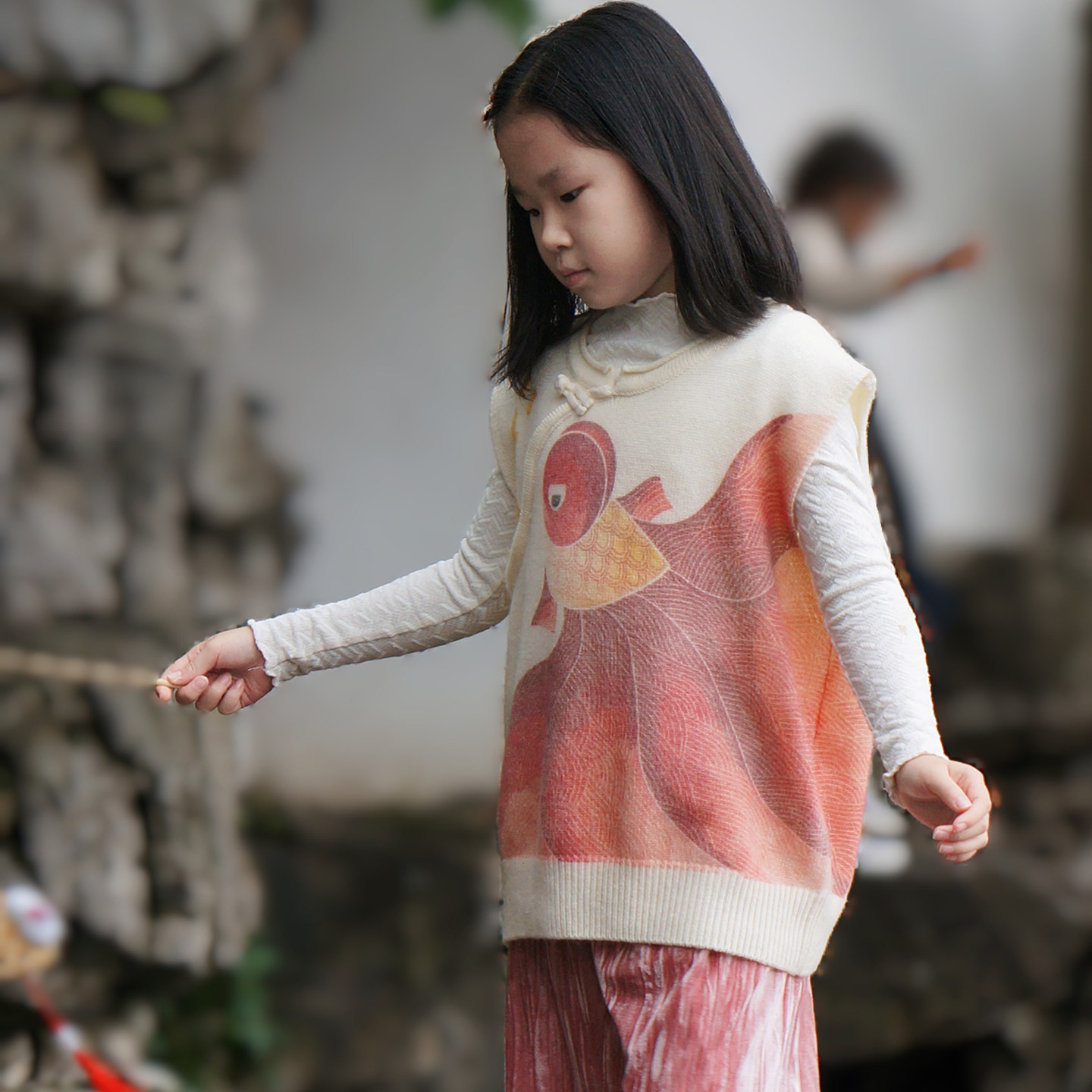 毛小姐 秋冬中式女童针织圆领羊毛坎肩马甲 原创金玉满堂印花