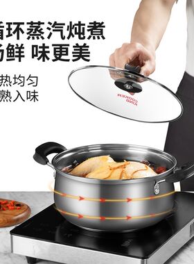 炊大皇304不锈钢汤锅家用汤煲无涂层食品级加厚奶锅炖锅蒸笼蒸锅