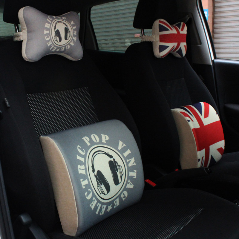 精选汽车用品记忆棉枕靠套装卡通头枕颈枕护腰靠垫棉麻内饰座椅四