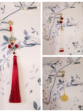 合金仿珍珠胸针 国风新中式旗袍压襟红穗子胸针挂件定亲古风胸针