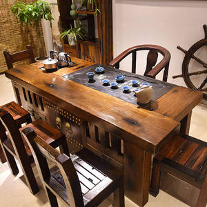 尤亚老船木茶桌椅组合实木茶几桌中式复古功夫茶台1.8M茶桌+主人