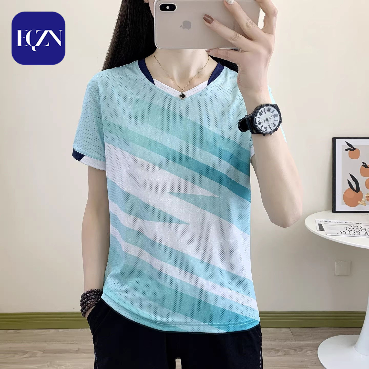 夏季速干衣女轻薄透气网眼户外健身运动短袖t恤衫撞色v领羽毛球服