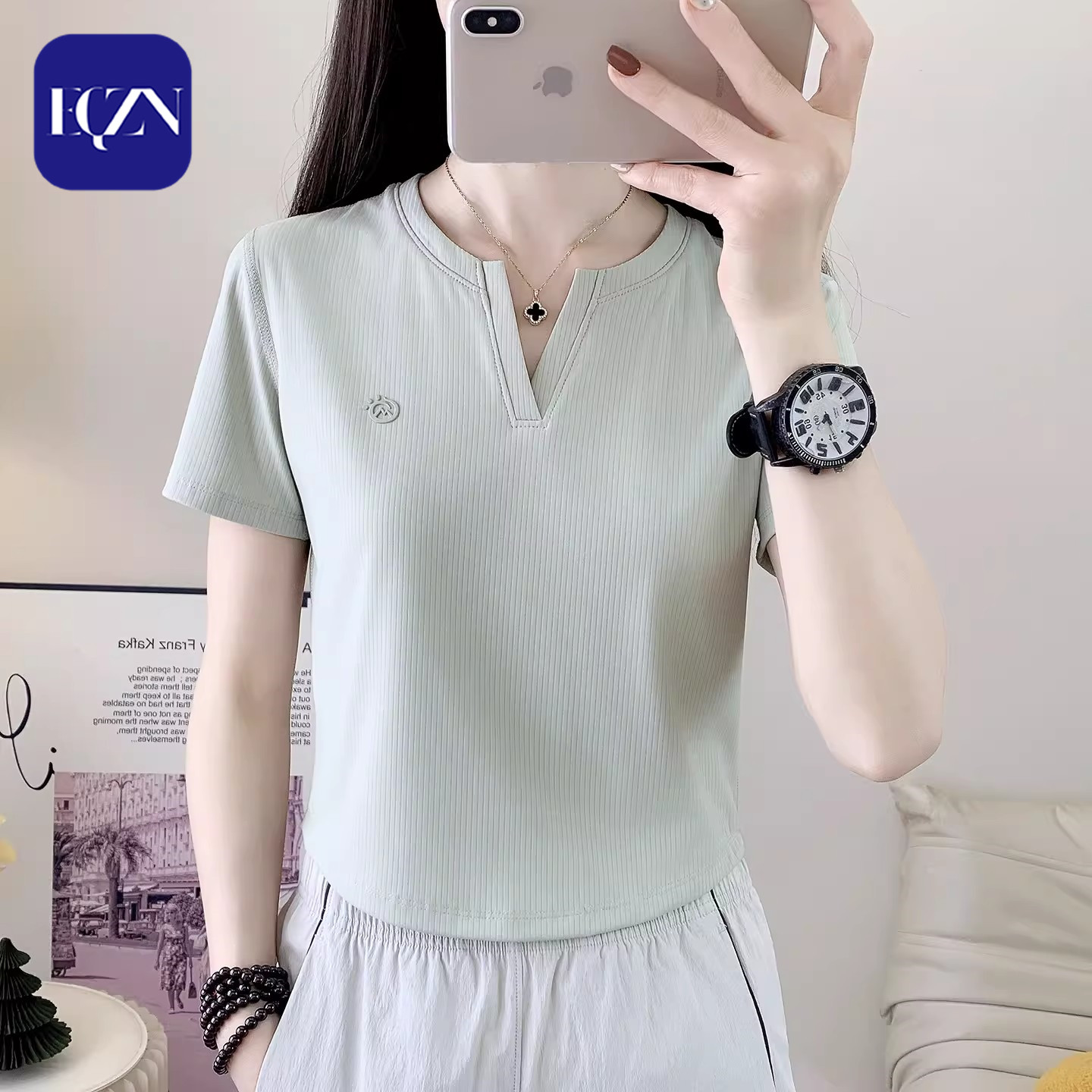 V领速干衣女透气条纹户外大尺码短袖T恤衫拼接纯色设计弹力运动服