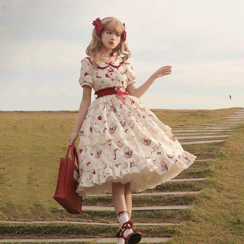 苹果茶Lolita田园风娃娃领印花连衣裙女夏季甜美可爱收腰蓬蓬裙子