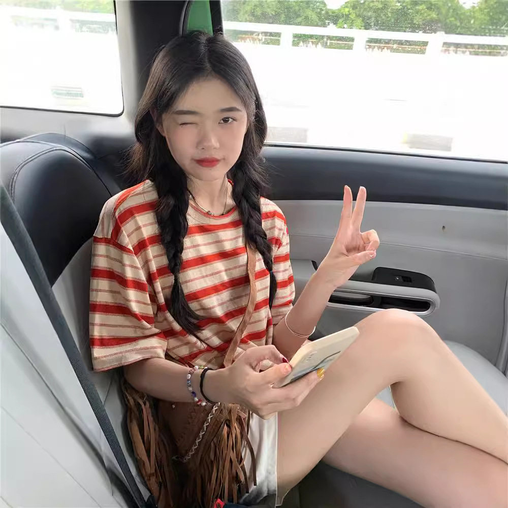 女夏配阔腿裤高腰裤工装裤搭配的上衣显瘦韩版bf运动短款条纹T恤