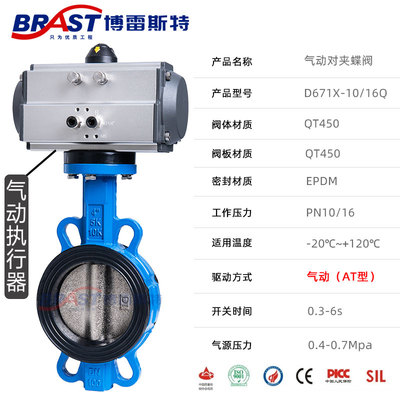 N气动对夹蝶阀 D671X-10/16Q 球墨体 QT450板 EPDM阀座 AT/GT型