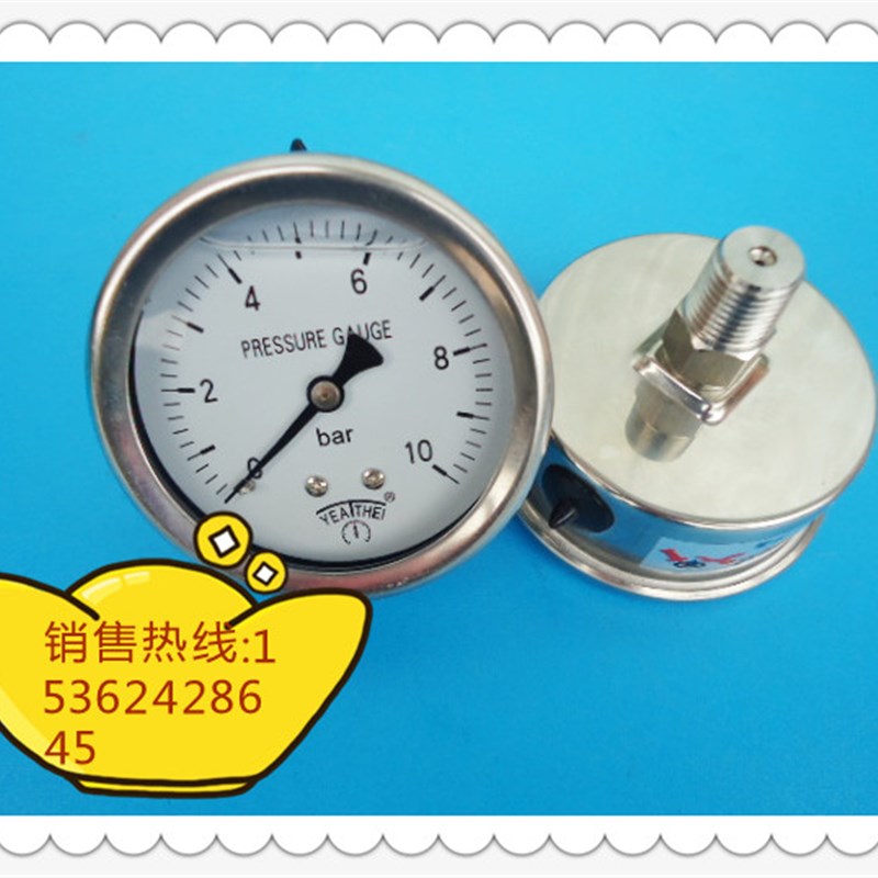 60MM背接0-10bar充油防震全不锈钢压力表,全不锈钢防震压力表