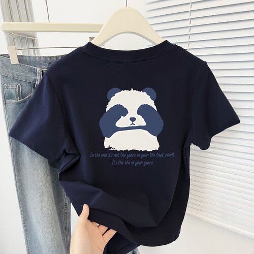 小个子熊猫正肩短袖T恤女2025夏季新款休闲百搭减龄印花半袖上衣