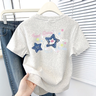 修身 t恤女夏季 显瘦小个子设计感百搭上衣 白灰色正肩短袖 2025新款