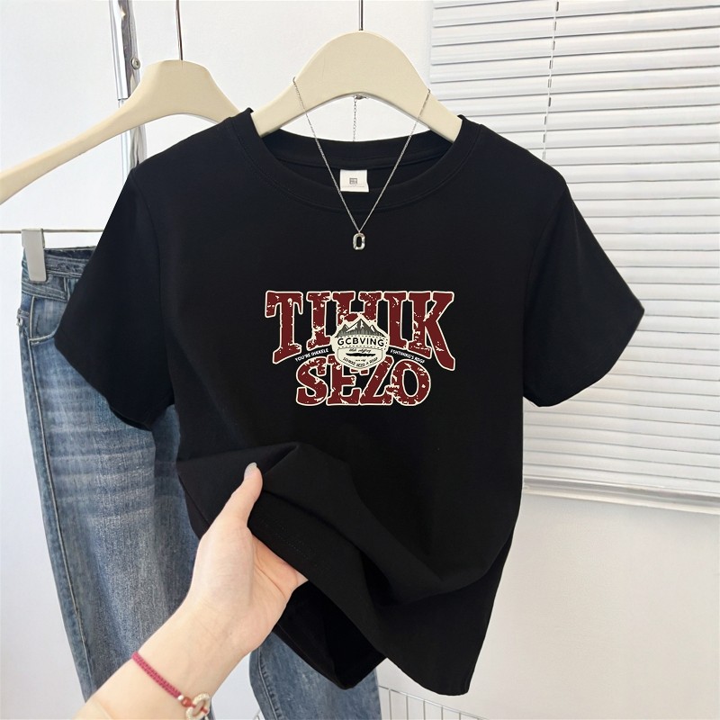 没事复古字母印花正肩短袖T恤女夏季2025新款小个子百搭圆领上衣,女装/女士精品,T恤,淘宝优惠券,粉丝福利购,淘宝优惠卷
