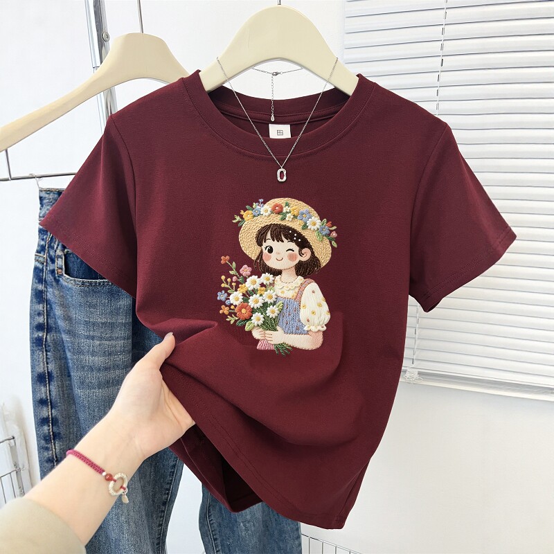 夏季2025新款可爱小女孩印花正肩圆领短袖T恤女时尚百搭减龄上衣