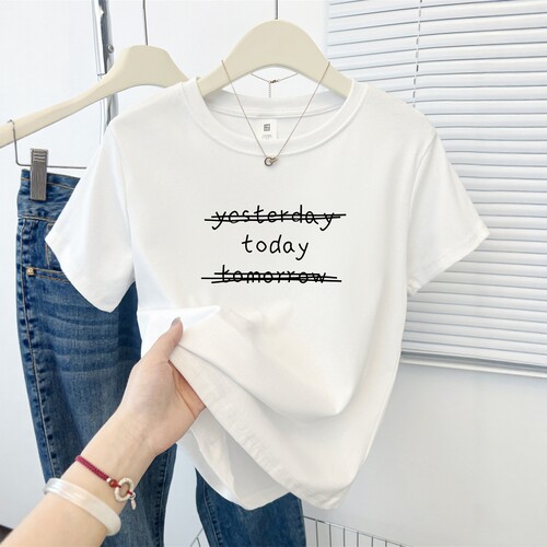 正肩字母印花短袖t恤女2025夏季新款韩版圆领设计感时尚显瘦上衣