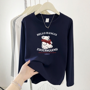 可爱卡通字母印花2025秋冬新款 T恤女小清新韩系百搭上衣 圆领长袖