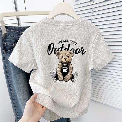 卡通小熊印花圆领正肩短袖T恤女夏季2025新款韩系小个子百搭上衣