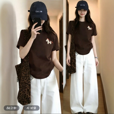 夏季2026新款简约小马印花正肩短袖T恤女胖MM大码显瘦百搭上衣ins