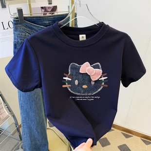 2025夏季 t恤女小个子穿搭圆领减龄洋气印花正肩上衣 新款 纯棉短袖