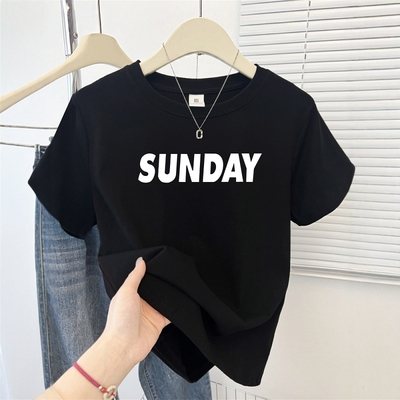 黑色字母正肩短袖t恤女夏季2025新款修身显瘦减龄小个子短款上衣