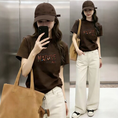 夏季2026新款简约字母印花正肩短袖T恤女胖MM韩系时尚百搭上衣ins
