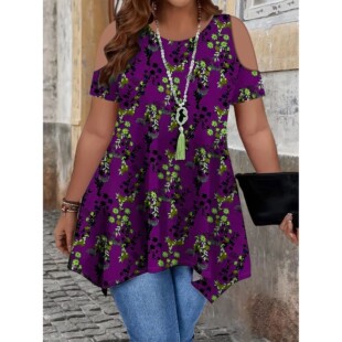 Shoulder Asym Plus Elegant Shirt Off Floral Size Women