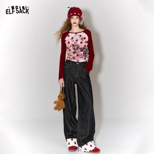 ELFSACK Women's Wide Leg Jeans with Polka Dot Cuff Hem, High