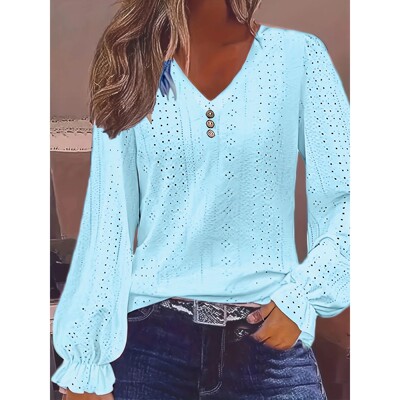 Plus Size Eyelet Button Decor T-Shirt Casual V Neck Long Sle
