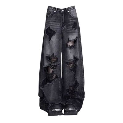 High Street Vintage Black Ripped Jeans Fashion Wide Leg Pant