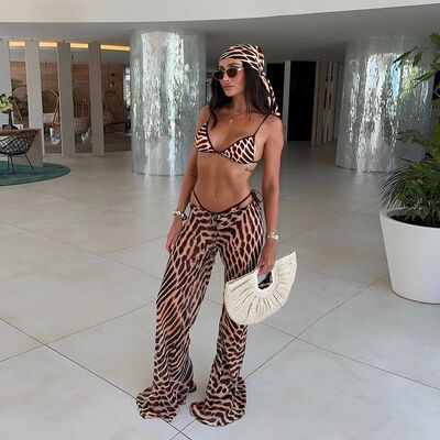 3 Pieces Print Bikini Swimsuit with Cover Up kimonos Swimwea