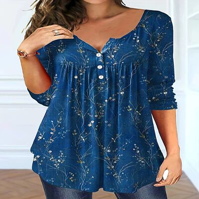 Plus Size Women's Spring and Autumn Long Sleeve Random Plant