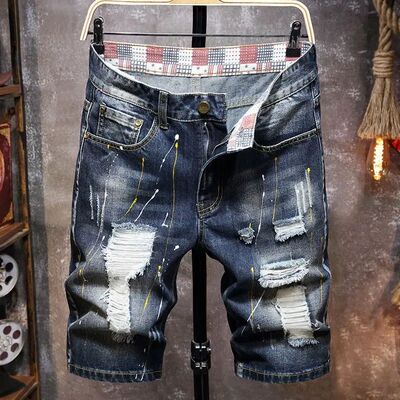 2025 Summer New Fashion Men's Graffiti Ripped Short Jeans Ca