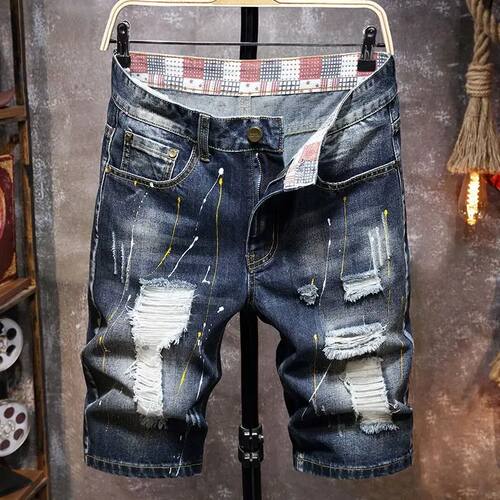 2025 Summer New Fashion Men's Graffiti Ripped Short Jeans Ca