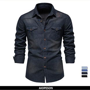 Cotton Denim Sleeve Brand Long Elastic Men AIOPESON Shirt