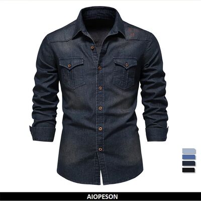 AIOPESON Brand Elastic Cotton Denim Shirt Men Long Sleeve Qu