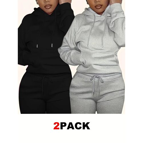 Women's 2pcs Solid Color Drawstring Hoodies, Casual Long Sle