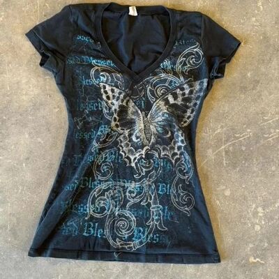 Vintage Butterfly Print V Neck T Shirt Women Retro Grunge St