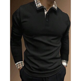 Collar Cuf Long Shirt with Polo Black Sleeve and Men Plaid