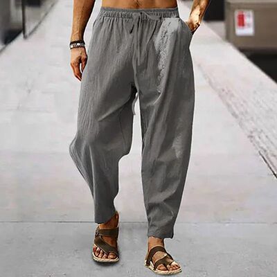 2025 Men Cotton Linen Pants Summer and Autumn Solid High Wai